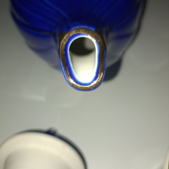 Hall Pottery Blue Gold Aladdin Lamp 6 Cup Teapot Tea Strainer MCM Genie-Inspired - Picture 15 of 16